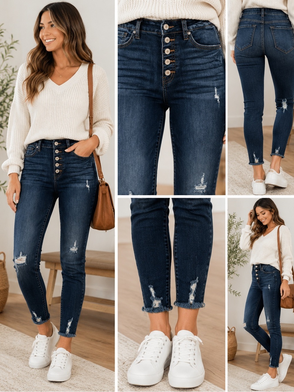Kensie Dark Blue High-Rise Button-Fly Distressed Skinny Jeans